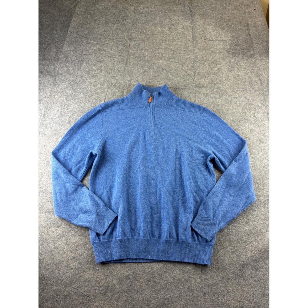 Alan Flusser Mens M 100% Pure Cashmere Quarter Zip Sweater Blue Mock Neck Preppy